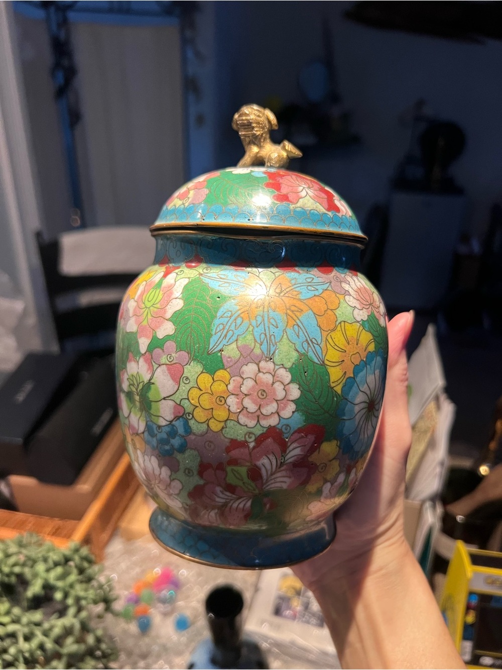 Antique Cloisonné Ginger Jar with Gold Foo dog Finial View All Pics
